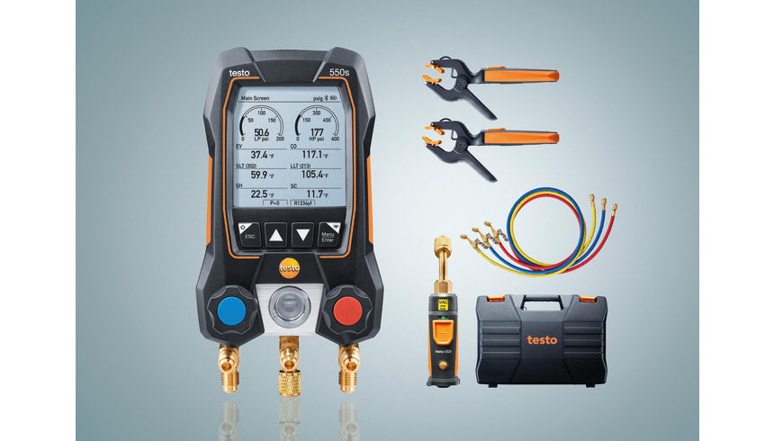testo 550s Smart Vacuum Kit with hoses - Smart digital Manifold w/ wireless vacuum & temperature probes and set of 3 refrigerant hoses