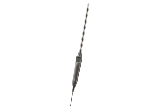 Robust humidity probe for meas. up to +125 °C, short-term up to +140 °C, e.g. exhaust ducts, and for meas. of material equilibrium moisture, e.g. bulk goods, probe Ø 12 mm x 300 mm, 0 to +100 %RH, -4 to 257°F / -20 to +125°C