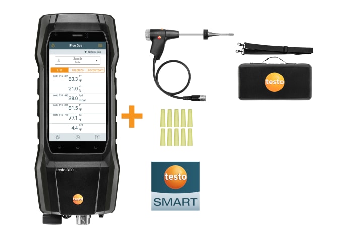 Next-Gen testo 300 - Smoke Edition Combustion Analyzer Kit (w/ O2 and CO 0-4,000) with Bluetooth® connector.