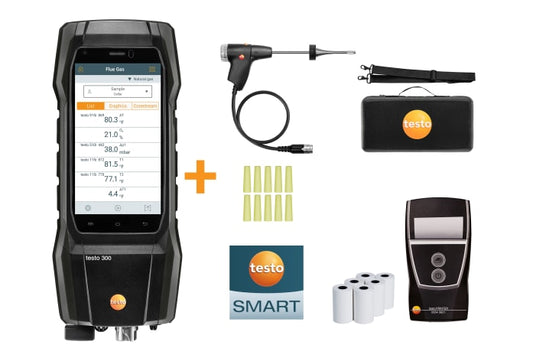 Next-Gen testo 300 - Smoke Edition Combustion Analyzer Kit with Printer and testo Bluetooth® Connector (w/ O2 and CO 0-4,000)